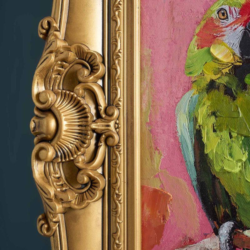 Werns - Schilderij Twee Papegaaien Multicolor Acryl op Canvas 44x54cm in Gouden Baroklijst