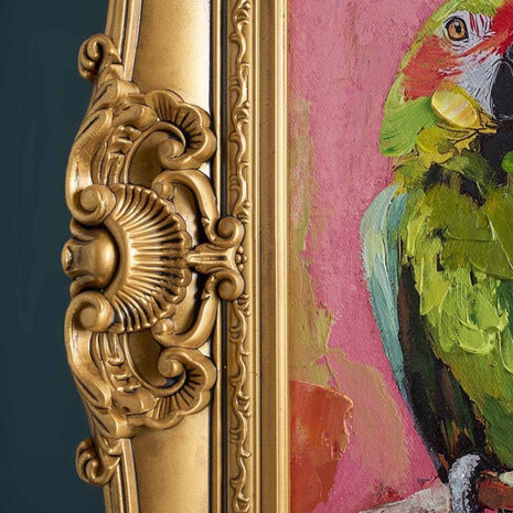 Werns - Schilderij Twee Papegaaien Multicolor Acryl op Canvas 44x54cm in Gouden Baroklijst