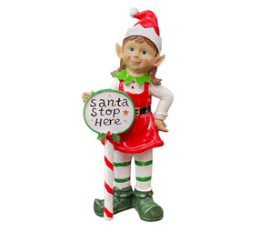 Melting Pot - Beeld Kerst Elf Meisje 'Santa Stop Here' 20x45cm Melting Pot - Beeld Kerst Elf Meisje 'Santa Stop Here' 20x45cm