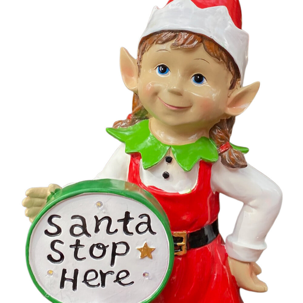 Melting Pot - Beeld Kerst Elf Meisje 'Santa Stop Here' 20x45cm Melting Pot - Beeld Kerst Elf Meisje 'Santa Stop Here' 20x45cm