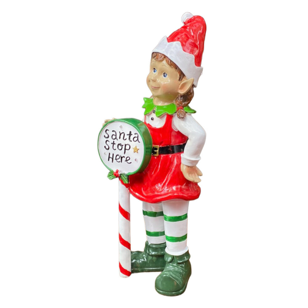 Melting Pot - Beeld Kerst Elf Meisje 'Santa Stop Here' 20x45cm Melting Pot - Beeld Kerst Elf Meisje 'Santa Stop Here' 20x45cm