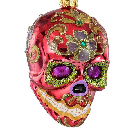 Melting Pot - Kerstbal Skull Multicolor Roze Glas 6x9x7cm met glitters