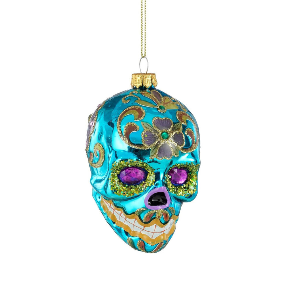 Melting Pot - Kerstbal Skull Multicolor Blauw Glas 6x9x7cm met glitters