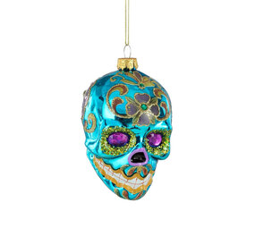 Melting Pot - Kerstbal Skull Multicolor Blauw Glas 6x9x7cm met glitters