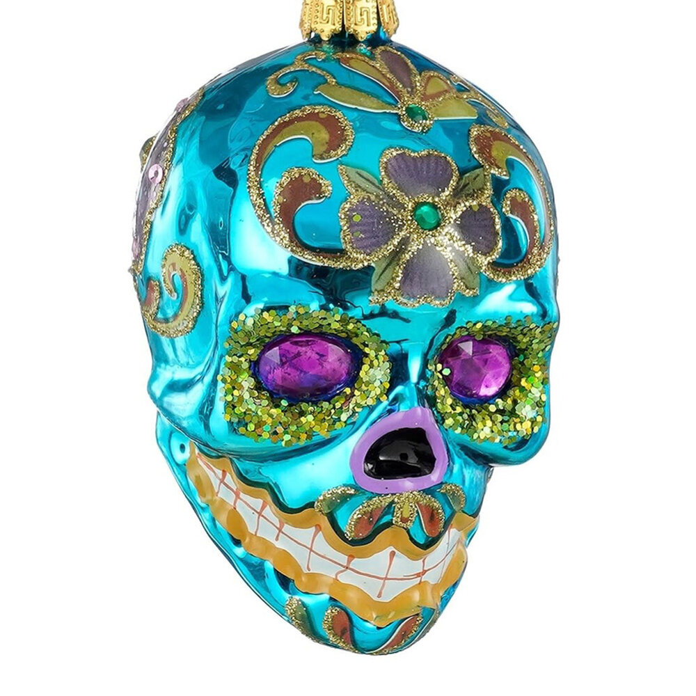 Melting Pot - Kerstbal Skull Multicolor Blauw Glas 6x9x7cm met glitters