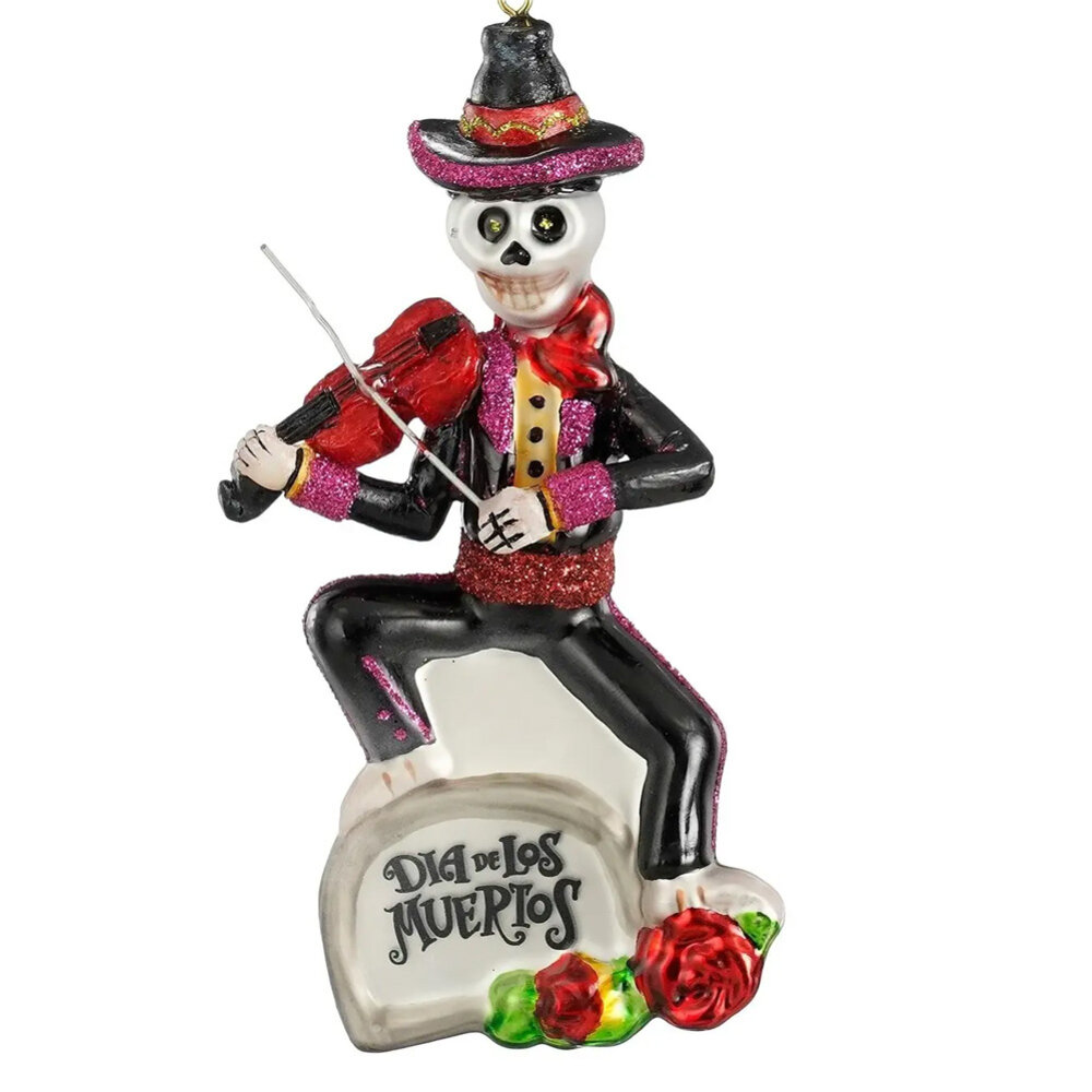 Melting Pot - Kerstbal Dia de Los Muertos Violist Glas 7x13cm Melting Pot - Kerstbal Dia de Los Muertos Violist Glas 7x13cm