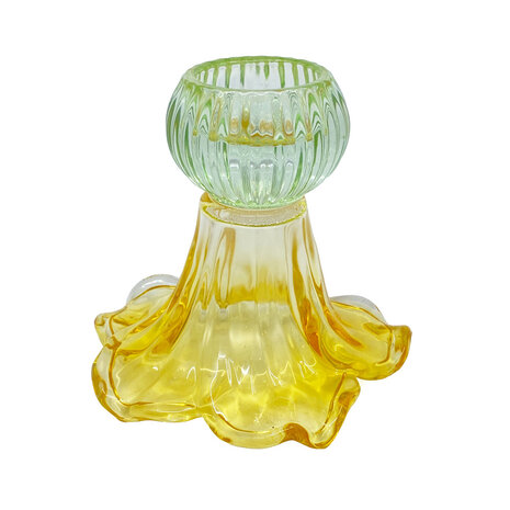 Melting Pot - Kandelaar-Waxinehouder Bloem Geel-Groen Glas 13x12cm