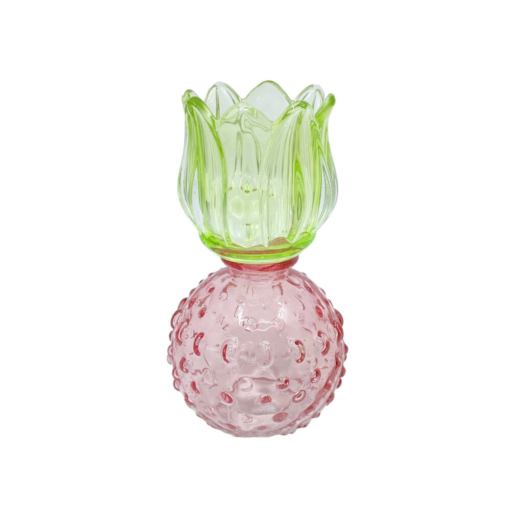 Melting Pot - Waxinehouder Tulp Bol Groen-Roze Glas 8x15cm