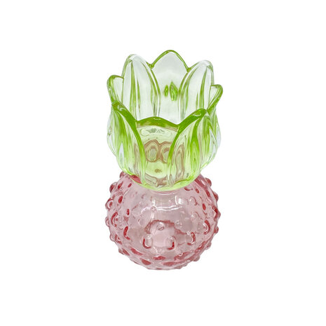 Melting Pot - Waxinehouder Tulp Bol Groen-Roze Glas 8x15cm
