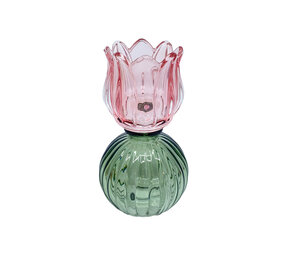 Melting Pot - Waxinehouder Tulp Bol Roze Groen Glas 8x15cm Melting Pot - Waxinehouder Tulp Bol Roze Groen Glas 8x15cm