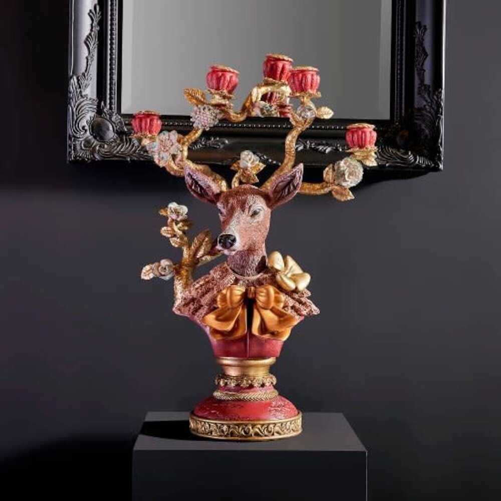 Werns - Kandelaar Hert met Amberkleurige Strik Polyresin 44x60cm met 5 armen Werns - Kandelaar Hert met Amberkleurige Strik Polyresin 44x60cm met 5 armen