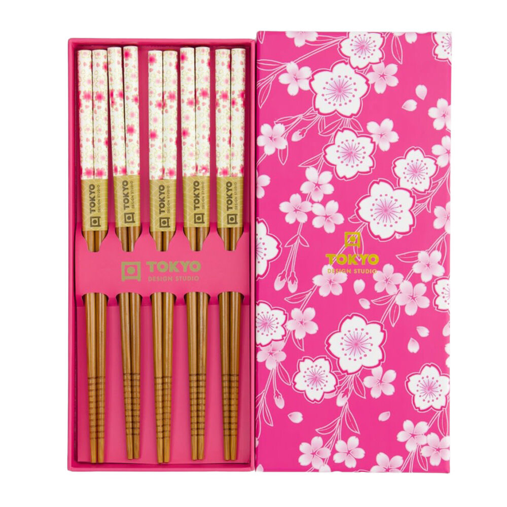 Tokyo Design Studio - Eetstokjes Bloesem Roze Bamboe set van 5 in cadeau doos