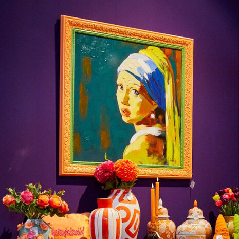 Werns - Schilderij 'Meisje met de Parel' Acryl op Canvas 95x95cm ingelijst Werns - Schilderij 'Meisje met de Parel' Acryl op Canvas 95x95cm ingelijst