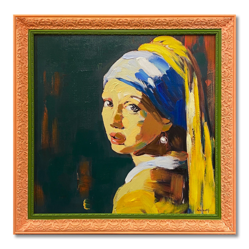 Werns - Schilderij Meisje met de Parel Canvas 95x95cm Handgeschilderd Ingelijst Werns - Schilderij Meisje met de Parel Canvas 95x95cm Handgeschilderd Ingelijst
