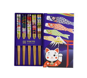 Tokyo Design Studio - Kinder Eetstokjes Lucky Cat-Koinobori Bamboe set in cadeau doos