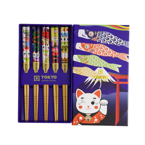 Melting Pot - Kinder Eetstokjes Lucky Cat-Koinobori Bamboe set in cadeau doos