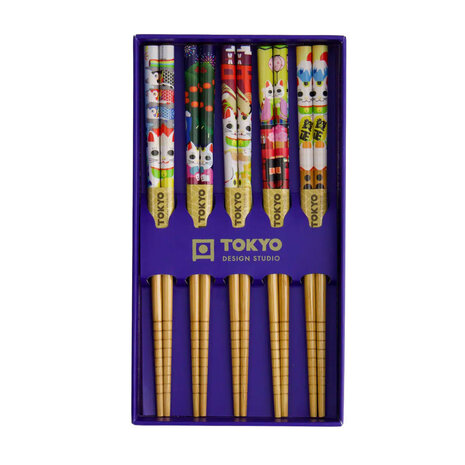 Tokyo Design Studio - Kinder Eetstokjes Lucky Cat-Koinobori Bamboe set in cadeau doos