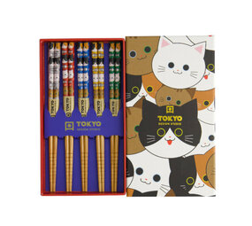 Tokyo Design Studio - Kinder Eetstokjes Cats Bamboe set in cadeau doos