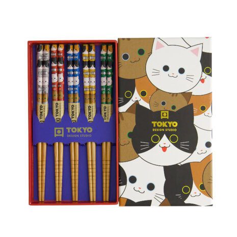 Tokyo Design Studio - Kinder Eetstokjes Cats Bamboe set in cadeau doos
