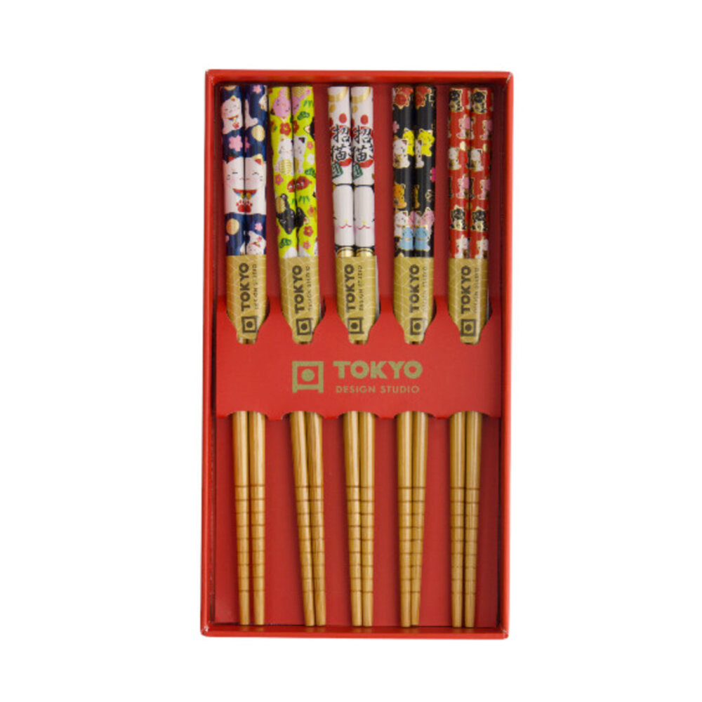 Tokyo Design Studio - Kinder Eetstokjes Lucky Cat-Japan Bamboe set in cadeau doos