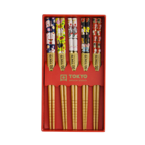 Tokyo Design Studio - Kinder Eetstokjes Lucky Cat-Japan Bamboe set in cadeau doos