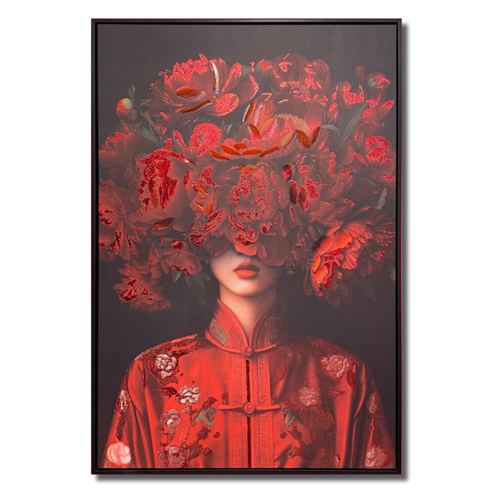 Melting Pot - Schilderij Vrouw met Rode Bloemen op Canvas 83x123cm ingelijst