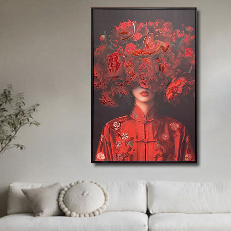 Melting Pot - Schilderij Vrouw met Rode Bloemen op Canvas 83x123cm ingelijst