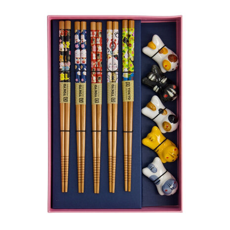 Melting Pot - Eetstokjes Lucky Cats met Opleggers set van 5 in cadeau doos