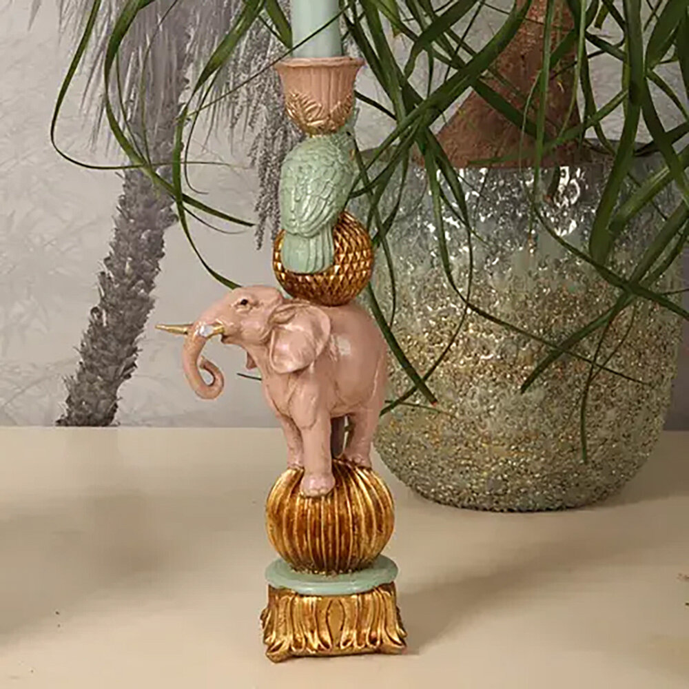 Melting Pot - Kandelaar Groene Papegaai op Roze Olifant 10x26cm
