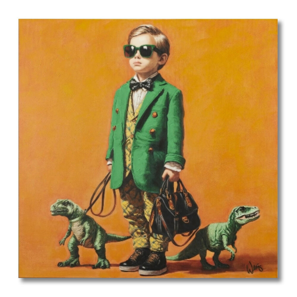 Werns - Schilderij Jongen met Dino Acryl op Canvas 100x100cm