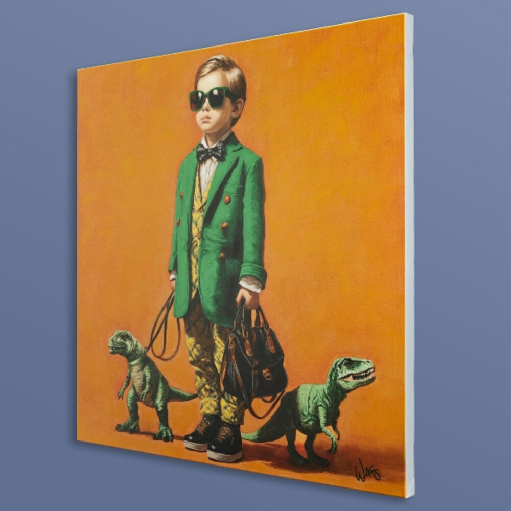 Werns - Schilderij Jongen met Dino Acryl op Canvas 100x100cm