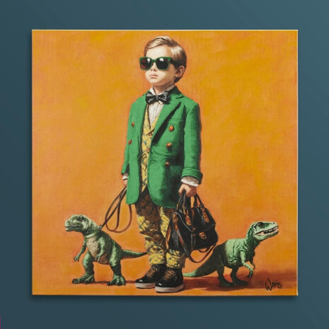 Werns - Schilderij Jongen met Dino Acryl op Canvas 100x100cm