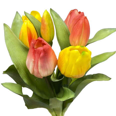 Melting Pot - Kunstbloem Boeket - 7 Tulpen Zalm-Geel Mix 29cm Melting Pot - Kunstbloem Boeket - 7 Tulpen Zalm-Geel Mix 29cm