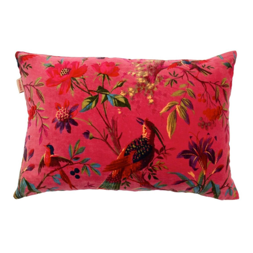 Imbarro - Sierkussen Royal Paradise Cerise met Paradijsvogels Velours 60x40cm Imbarro - Sierkussen Royal Paradise Cerise met Paradijsvogels Velours 60x40cm