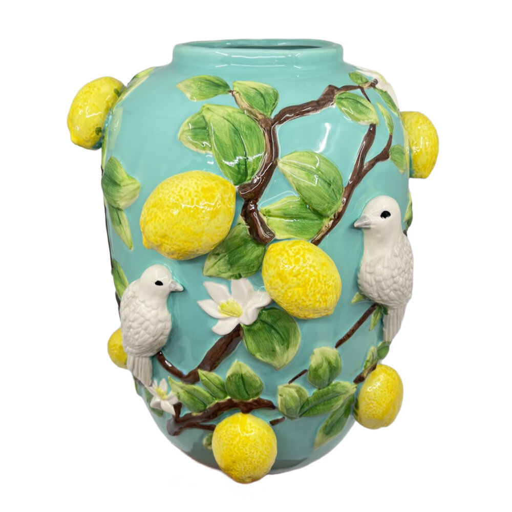 Melting Pot - Handgemaakte Vaas Citroenen en Witte Vogels Turquoise Keramiek 30x35cm