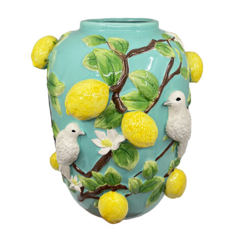 Melting Pot - Handgemaakte Vaas Citroenen en Witte Vogels Turquoise Keramiek 30x35cm