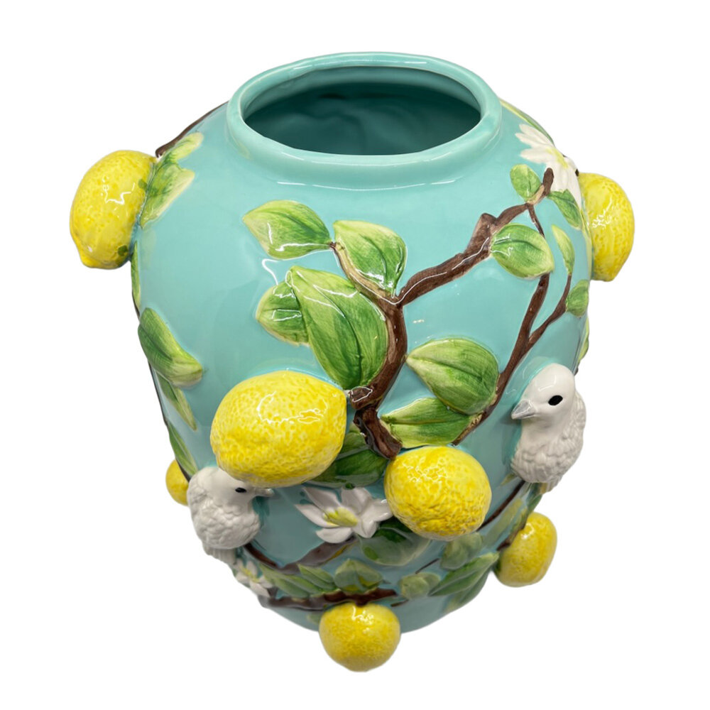 Melting Pot - Handgemaakte Vaas Citroenen en Witte Vogels Turquoise Keramiek 30x35cm