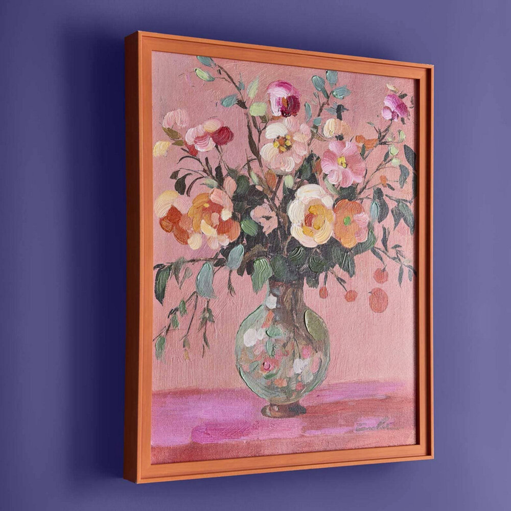 Werns - Schilderij Bloemenvaas Roze Oranje Acryl 43x53cm ingelijst Werns - Schilderij Bloemenvaas Roze Oranje Acryl 43x53cm ingelijst