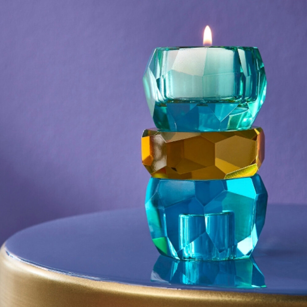 Werns - Kandelaar-Waxinehouder Kristal Turquoise-Goud-Blauw Glas 6x10cm Werns - Kandelaar-Waxinehouder Kristal Turquoise-Goud-Blauw Glas 6x10cm