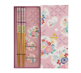 Tokyo Design Studio - Eetstokjes Roze Bloemen met Opleggers set/2 in doos