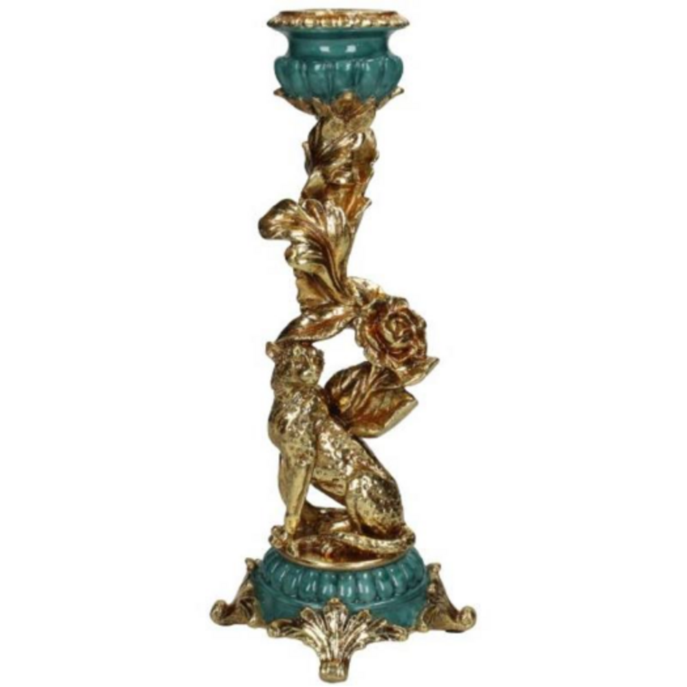 Melting Pot - Kandelaar Leopard Turquoise Goud Polyresin 10x29cm Melting Pot - Kandelaar Leopard Turquoise Goud Polyresin 10x29cm