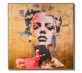Melting Pot - Schilderij Vrouw Pop-Art Goud Acryl 100x100cm ingelijst Melting Pot - Schilderij Vrouw Pop-Art Goud Acryl 100x100cm ingelijst