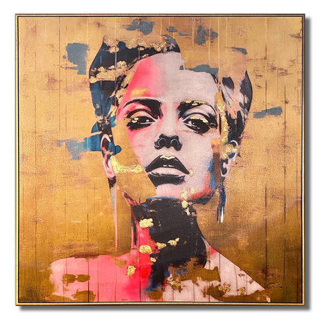 Melting Pot - Schilderij Vrouw Pop-Art Goud Acryl 100x100cm ingelijst Melting Pot - Schilderij Vrouw Pop-Art Goud Acryl 100x100cm ingelijst