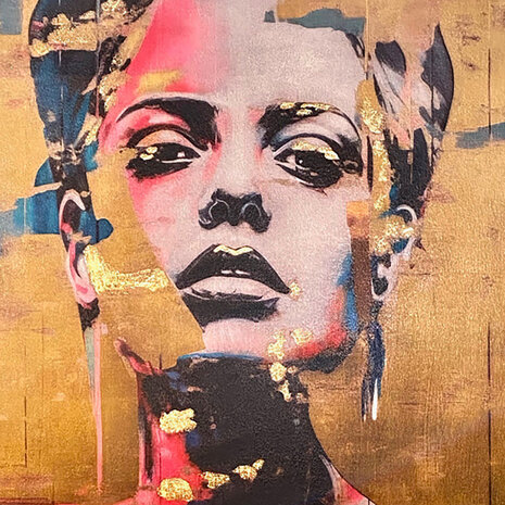 Melting Pot - Schilderij Vrouw Pop-Art Goud Acryl 100x100cm ingelijst Melting Pot - Schilderij Vrouw Pop-Art Goud Acryl 100x100cm ingelijst
