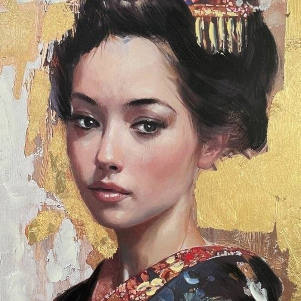 Melting Pot - Schilderij Geisha Left Goud Folie Canvas 60x80cm Zwarte Lijst Melting Pot - Schilderij Geisha Left Goud Folie Canvas 60x80cm Zwarte Lijst