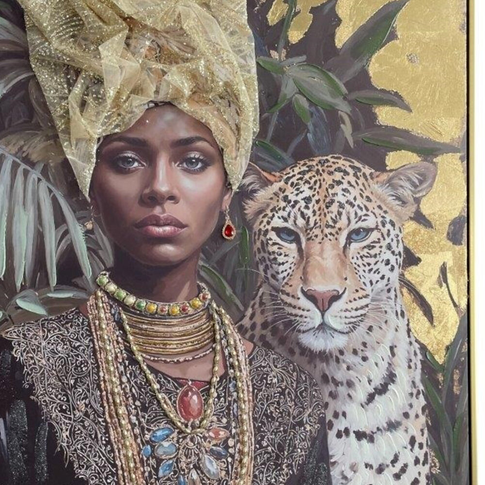Melting Pot - Schilderij Woman with Leopard Canvas 75x100cm Gouden Lijst Melting Pot - Schilderij Woman with Leopard Canvas 75x100cm Gouden Lijst