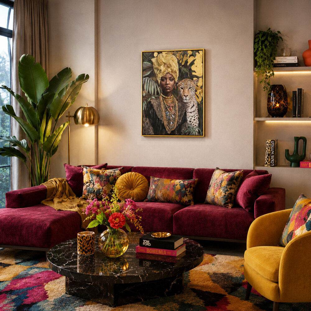 Melting Pot - Schilderij Woman with Leopard Canvas 75x100cm Gouden Lijst Melting Pot - Schilderij Woman with Leopard Canvas 75x100cm Gouden Lijst