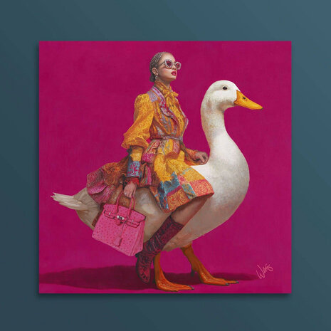 Werns - Schilderij Lady on Duck Acryl op Canvas 100x100cm Werns - Schilderij Lady on Duck Acryl op Canvas 100x100cm