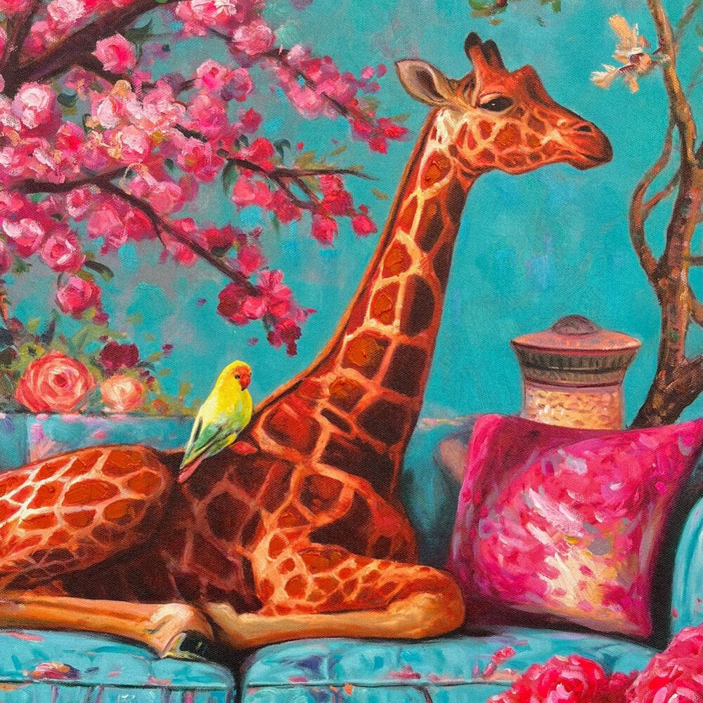 Colmore - Schilderij Henry Giraf Multicolor Acryl 80x80cm Roze Sierlijst