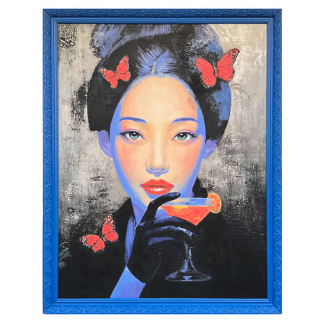 Colmore - Schilderij May Asian Woman Zwart Blauw Acryl 90x120cm Blauwe Sierlijst